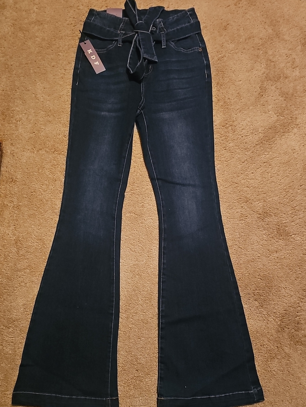 Women's Dark Blue High-Rise Flare Jeans with Paperbag Tie